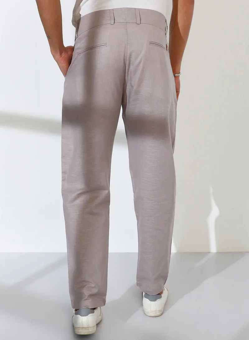 CAHOOT  Men's Cloud Grey Tailored Linen-Blend Trousers For Casual Wear | Mid-Rise | 2 Pockets | Button Closure | Trousers Crafted With Comfort Fit For Everyday Wear for Men | Best Price UAE